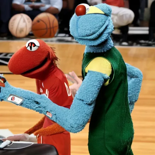 Prompt: kawhi lenard as a muppet playing in the nba