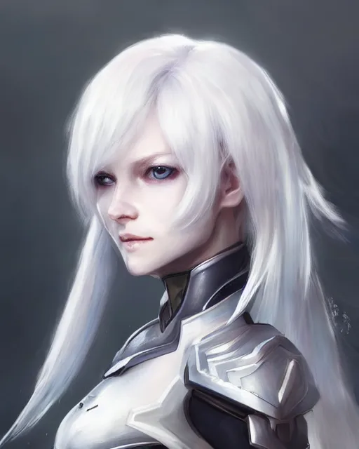 Image similar to perfect white haired girl, warframe armor, beautiful, dreamy, portrait, highly detailed, digital painting, trending on artstation, concept art, sharp focus, illustration, pretty face, blue eyes, scifi platform, front lit, laboratory, experiment, masterpiece, art by masayoshi tanaka, akihiko yoshida, kazuya takahashi