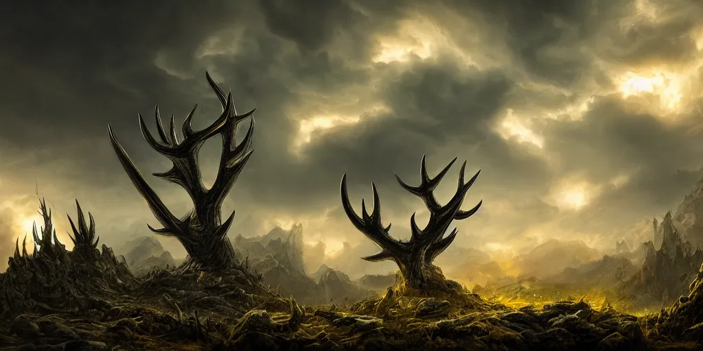 Prompt: a highly detailed matte painting of a nightmare landscape of giant antlers and thorns made of stone and aflame with green witchfire under a dark thundercloud sky, ominous, foreboding, dark, trending on artstation,