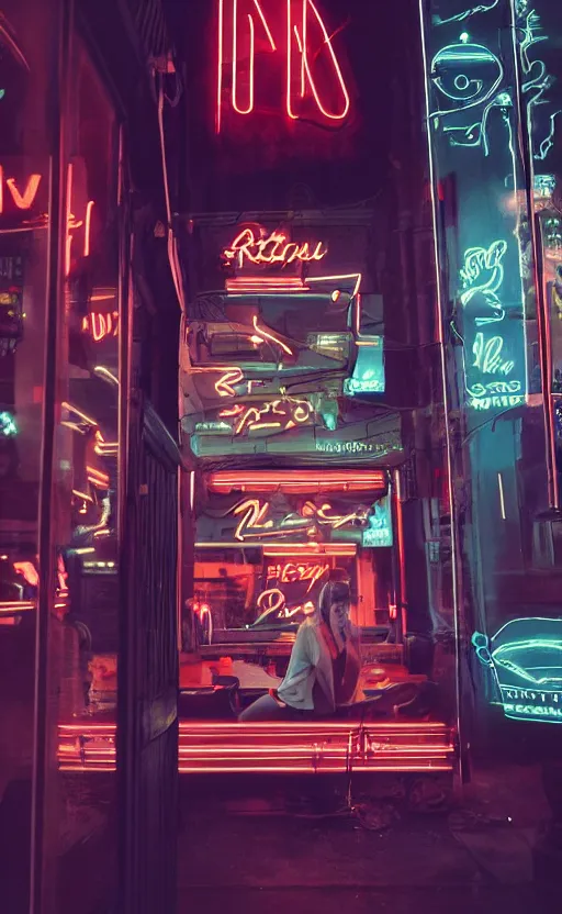 Image similar to vertical movie frame portrait of girl in 5 0's retro restaurant interior, neon - decorated urban on night in the city seen through the window, modern interior design, architectural design, vintage, night blade runner, dark, postapocalyptic, clean lines, 4 k, octane, asian futuristic city at distance, big windows, octane, wide angle