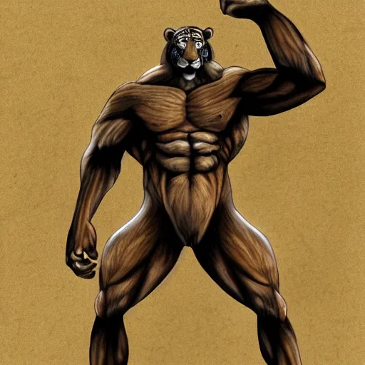 Image similar to A muscular standing tiger posing for the camera, featured on DeviantArt, FurAffinity, furry art, anthro