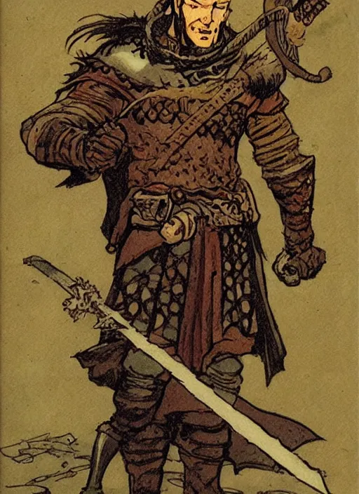 Image similar to character design concept art illustration reference of a medieval warrior. by Mike Mignola and Rebecca Guay.