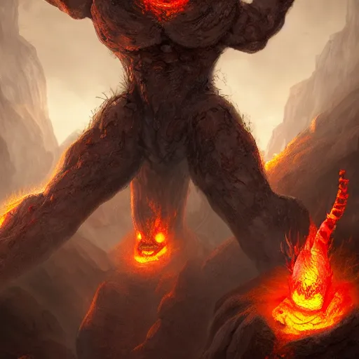 Prompt: The fire elemental stone golem made of large boulders, d&d art, fantasy, painted, 4k, high detail, sharp focus, artstation