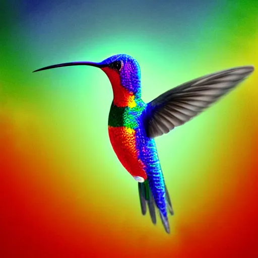 Prompt: frantic cute hummingbird rainbow phoenix zipping around, wanting to explore and investigate everything. it\'s curiosity is unbounded and unsatiable, digital art, trending on artstation, stylized, matte painting, rainbow feathers, by tom cross
