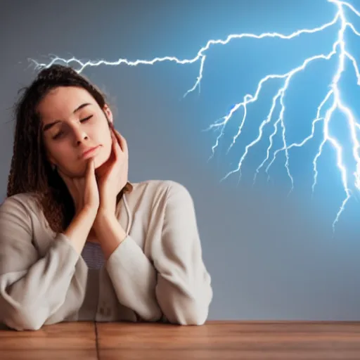 Prompt: a woman sitting a table, holding her palms up, one full of thunder and one full of lightning