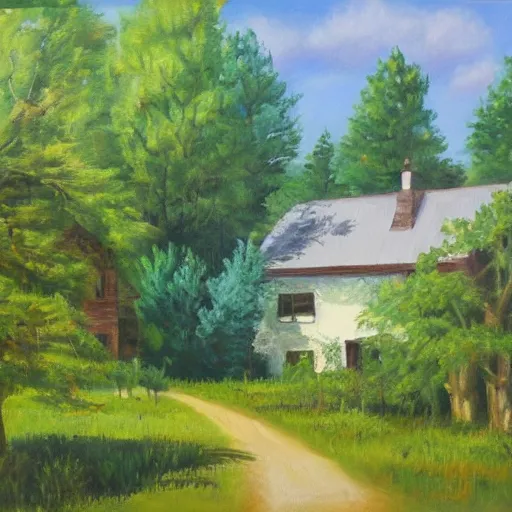 Image similar to house in the countryside on a sunny day, forest, peaceful, brush strokes, oil painting