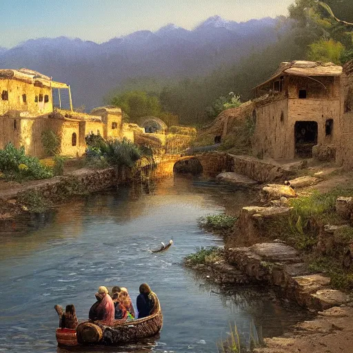 Image similar to High-Quality realist painting of a river crossing a traditional Syrian village in a valley at dawn, peaceful, very detailed, digital art.