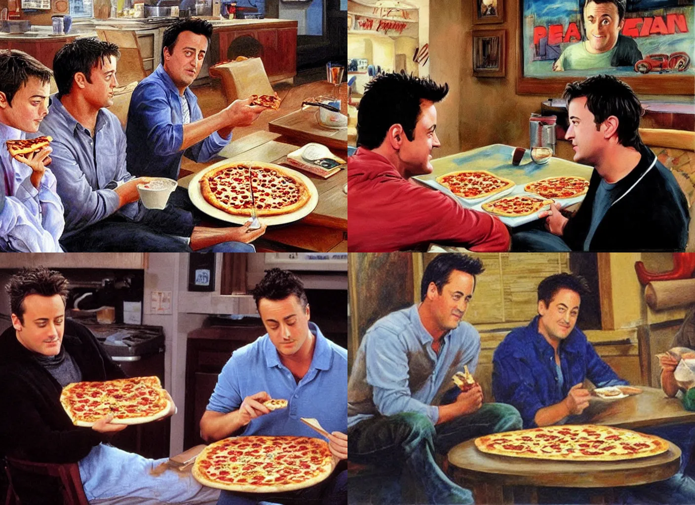 Prompt: young Matthew Perry eating pizza with matt Leblanc, 'friends' tv show episode, epic painting by James gurney