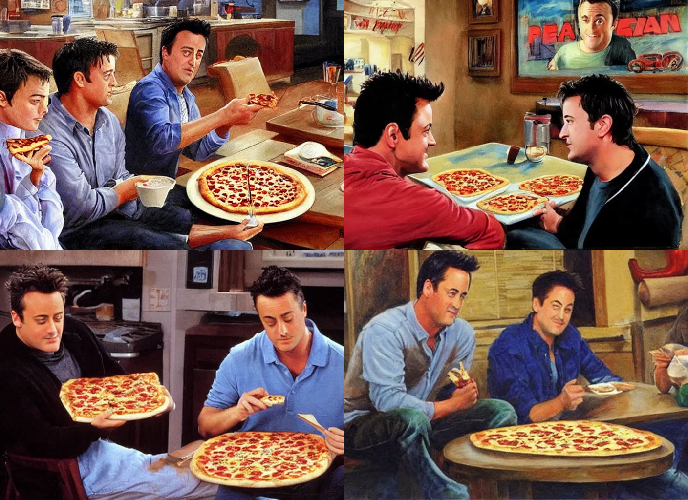 chandler bing eating pizza, 'friends' tv show episode,, Stable Diffusion