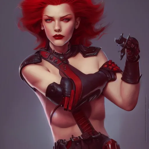 Image similar to head and shoulders, red hair, red eyes, woman, dark leather armor by june jenssen, anna podedworna, and leyendecker, artstation