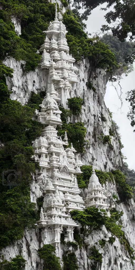 Prompt: colossal and beautiful hindu temple, ornate architecture, carved in white marble, cliffside, lush jungle, atmosphere, dramatic lighting, epic composition, close up, low angle, wide angle, by miyazaki, nausicaa ghibli, breath of the wild