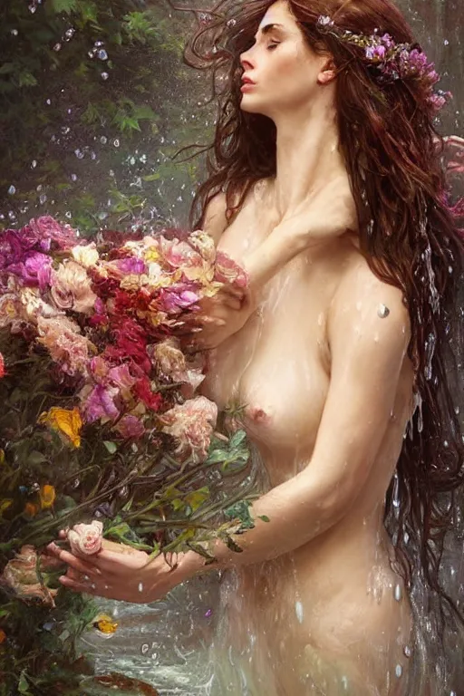 Image similar to portrait of a beautiful mysterious woman holding a bouquet of flowing flowers, drenched body, wet dripping long hair, hands hidden under the bouquet, emerging from the water, fantasy, regal, intricate, by stanley artgerm lau, greg rutkowski, thomas kindkade, alphonse mucha, loish, norman rockwell