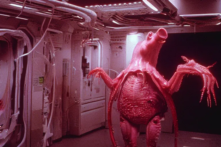 Image similar to peppa the pig infected by xenomorph from movie alien 1 9 7 9, staying at nostromo spaceship. extreme long shot, cinestill, giger, hermann nitsch, dark colors