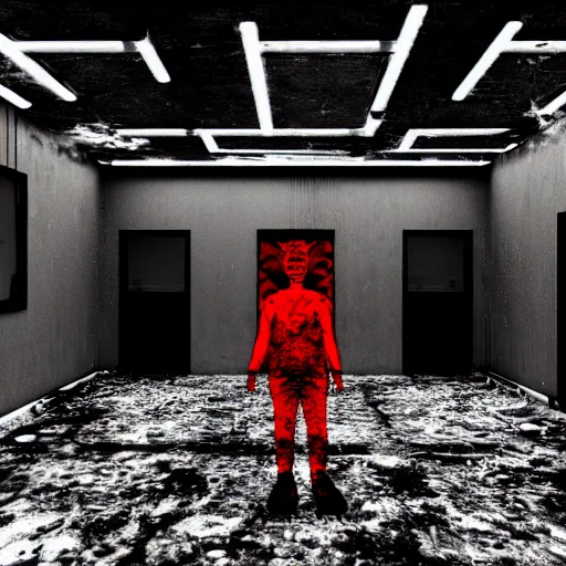 Image similar to cctv of an extremely dark empty abandoned building with glowing humanoid cryptid made out of television static, dark deep black shadows, red and black color contrast in the style of trevor henderson, liminal space, 3 d octane render, glitch effect