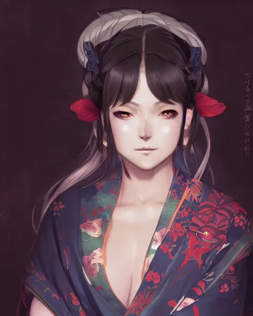 Image similar to An anime portrait of Ssunbiki as a beautiful woman wearing a kimono from Skyrim, by Stanley Artgerm Lau, WLOP, Rossdraws, James Jean, Andrei Riabovitchev, Marc Simonetti, and Sakimichan, trending on artstation