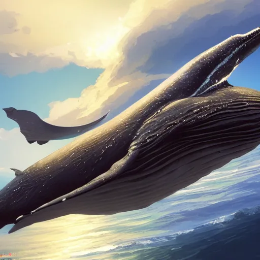 Prompt: a whale flying over a scottish landscape, cinematic volumentric lighting, jim cheung, david marquez, mike deodato jr, ilya kuvshinov, makoto shinka, behance hd by jesper ejsing, by rhads, hyper detailed, octane render, concept art, artstation