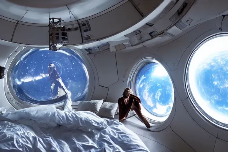 Image similar to sci-fi scene of space tourists in glamourous spaceship bedroom looking out large circular window at earth orbit By Emmanuel Lubezki