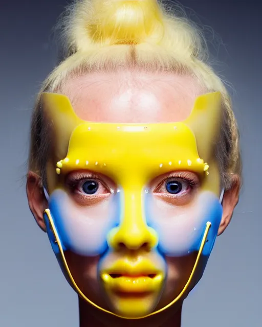 Prompt: symmetrical close - up portrait of a woman wearing a translucent silicone beauty mask and yellow hair buns, wearing a black bodysuit by alexander mcqueen, blue background, soft diffused light, biotechnology, humanoide robot, bjork aesthetic, translucent, by rineke dijkstra, intricate details, highly detailed, masterpiece,