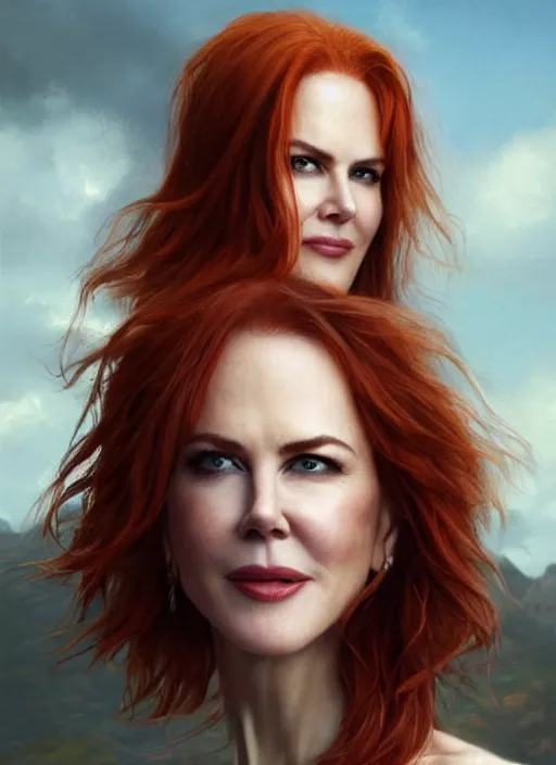 Image similar to nicole kidman with red hair, long haircut, beautiful highly detailed face, complementary lighting, backlit, black eyeshadow, grinning, adventure, dramatic lighting, landscape background, beautiful painting by artgerm and greg rutkowski and raymond swanland