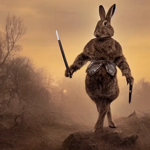 Prompt: rabbit warrior stands boldly outside its warren against the oncoming hoarde
