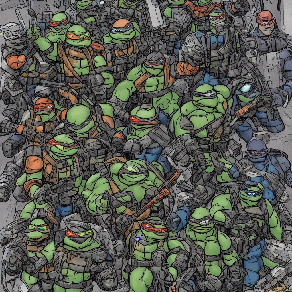 Image similar to a cyberpunk teenage mutant ninja turtles