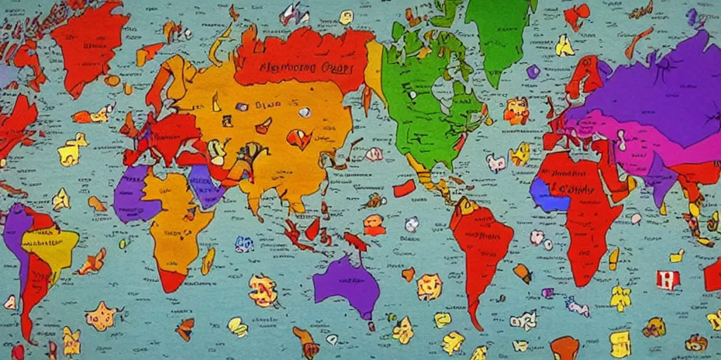 Prompt: a world map made out of colorful paper, in the style of paper mario