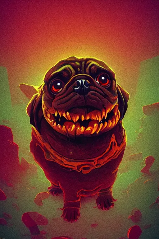 Image similar to demon pug eating flesh. art by mike winkelmann, sticker, colorful, illustration, highly detailed, simple, smooth and clean vector curves, no jagged lines, vector art, smooth, artstation