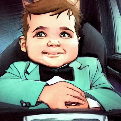 Prompt: portrait of a smug baby in a tuxedo riding in the back of a limo, medium shot, highly coherent, saga comic, fiona staples