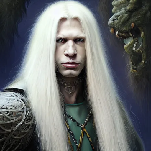 Image similar to portrait, handsome long - haired male anthro albino panther fantasy, rpg game, stern expression, main character, highly detailed, digital painting, artstation, concept art, smooth, sharp focus, illustration, artgerm, tomasz alen kopera, peter mohrbacher, donato giancola, joseph christian leyendecker, wlop, frank frazetta