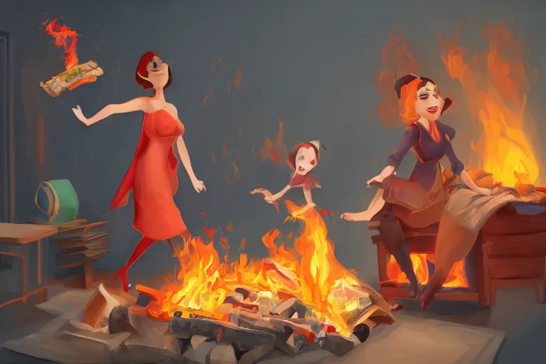 Image similar to a crazy housewife hurries up to pack daughter's things, surrounded with fire, clothes are flying around, digital art, trending on artstation