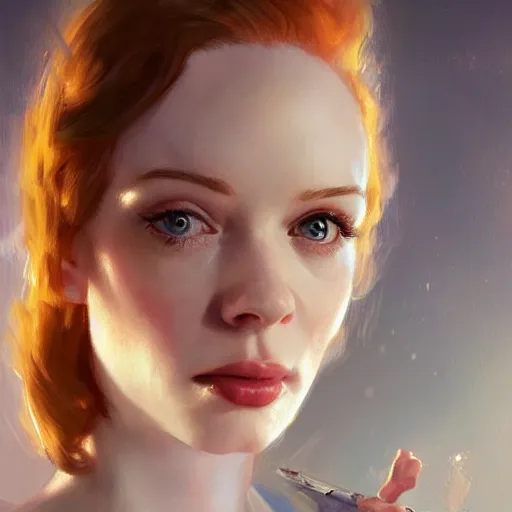 Prompt: Portrait of a 25 year old Christina Hendricks as the heroine of a 1970s sci-fi movie poster art by Ruan Jia and Mandy Jurgens and Artgerm and william-adolphe bouguerea, highly detailed, trending on artstation, award winning,