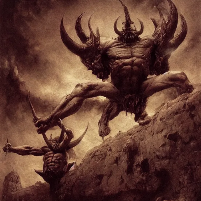 Image similar to horned demon berserker, muscular body, demon, balrog, beksinski