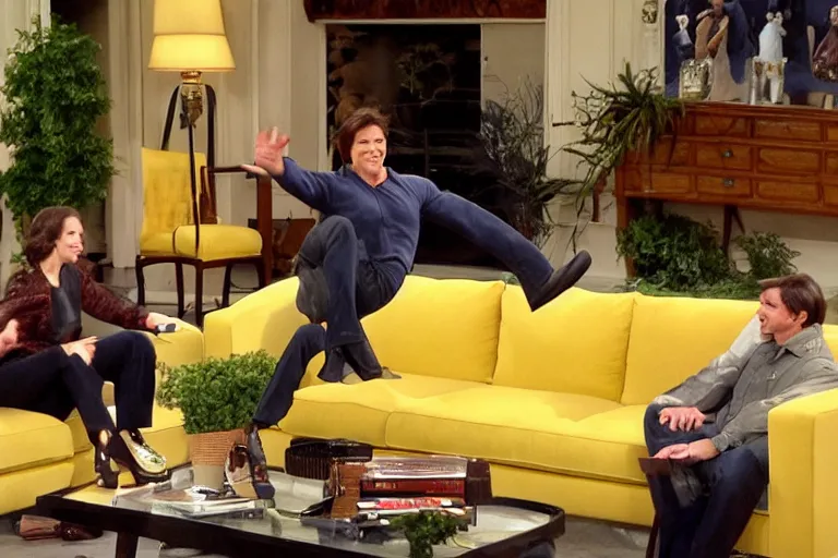 Prompt: tom cruise jumping!!! on oprah yellow couch