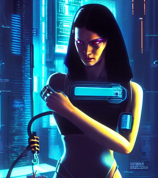 Prompt: cable inserted into head, jacked into cyberdeck wrist terminal, very very beautiful cyberpunk woman, computer, 1 9 7 9 omni magazine cover, style by vincent di fate, cyberpunk 2 0 7 7, very coherent, detailed, 4 k resolution, unreal engine, daz