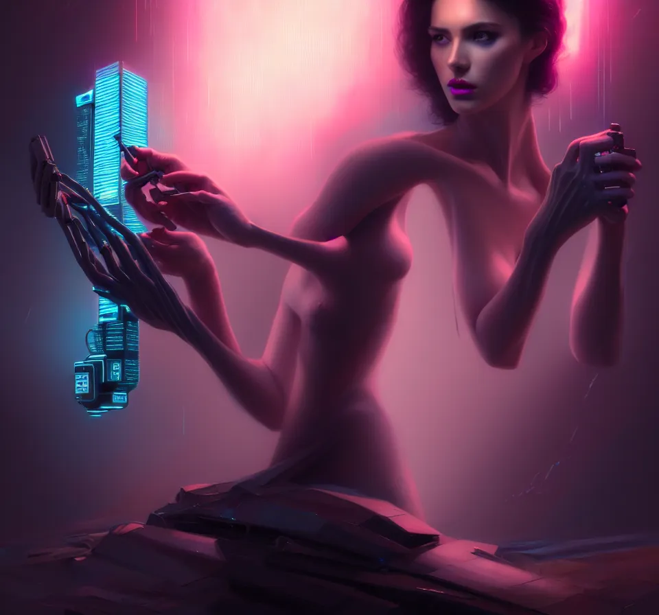 Prompt: beauty woman, full pallet image, Blade runner artifacts, electronic case display, tesseract, cyberpunk tech, ultrarealistic, futuristic, three point lighting, dramatic lighting, electrical details, high details, 4k, 8k, best, accurate, trending on artstation, artstation, photorealism, ultrarealistic, digital painting, style of Peter Mohrbacher, Caravaggio, Dali, Boris Vallejo, Hajime Sorayama