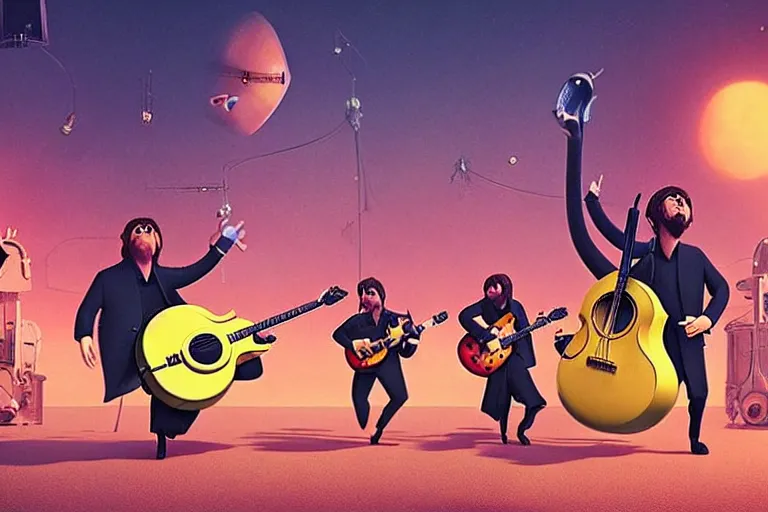 Prompt: the beatles performing with guitars, a giant flying minion at background, sci fi, art by mike winkelmann, trending on cgsociety, retrofuturism, darksynth, sci - fi