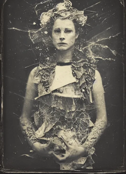 Image similar to old wetplate daguerreotype portrait, explosion of data fragments, fractal, intricate, elegant, highly detailed, parallax, leica, medium format, subsurface scattering, by marie harnett