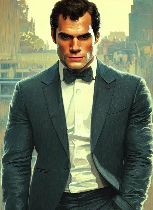 Image similar to portrait of henry cavill as james bond, casino, key art, sprinting, palm trees, highly detailed, digital painting, artstation, concept art, cinematic lighting, sharp focus, illustration, by gaston bussiere alphonse mucha