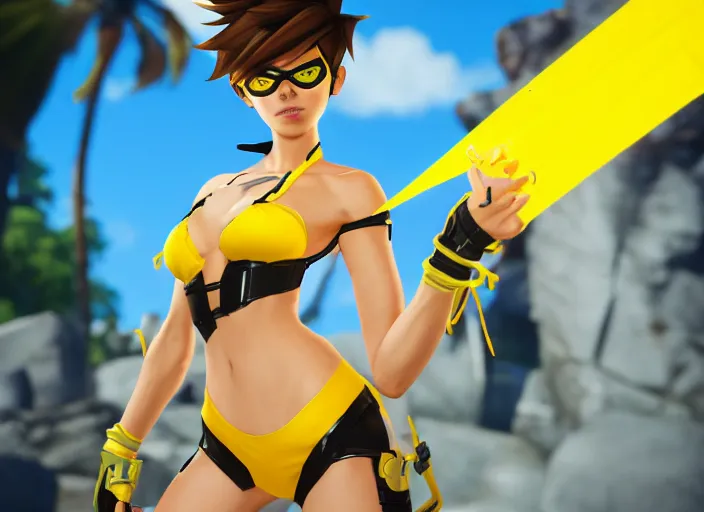 tracer game character, in yellow bikini thong yellow