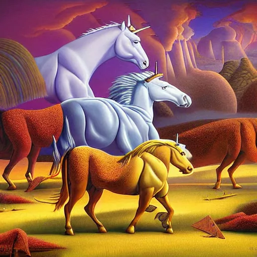 Image similar to surreal painting named unicorn kingdom by Vladimir Kush,