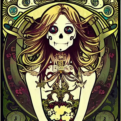 Prompt: anime manga skull portrait angel angelic cartoon skeleton illustration style by Alphonse Mucha pop art nouveau