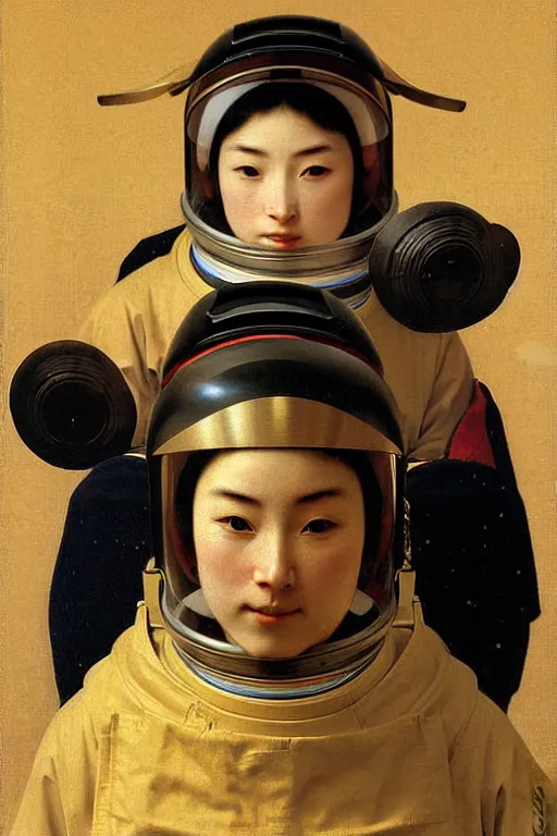 Image similar to portrait of a astronaut in samurai helmets, by bouguereau