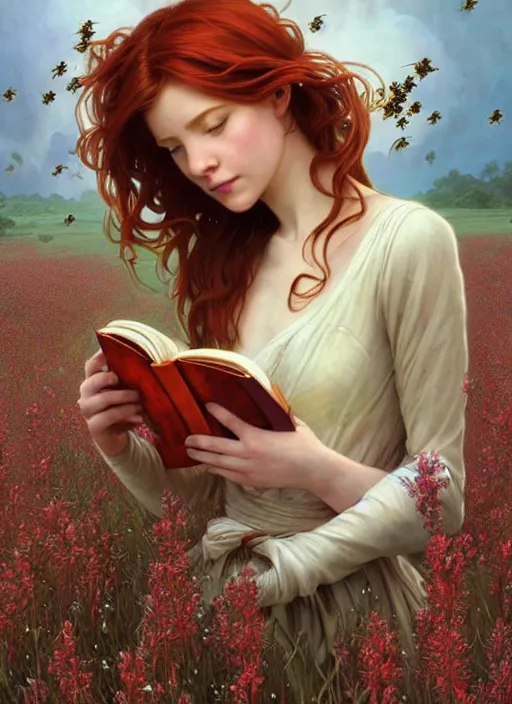 Image similar to an epic fantasy comic book style portrait painting of a young red headed girl reading a book in a field of flowers surrounded by bees, d & d, fantasy, intricate, elegant, highly detailed, digital painting, artstation, concept art, matte, sharp focus, illustration, art by artgerm and greg rutkowski and alphonse mucha