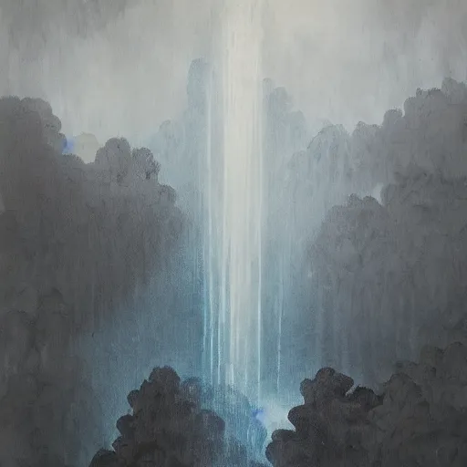 Image similar to a painting of many spindly towers reaching up into grey clouds, waterfalls made of grey ash fall from the clouds, god rays of blue light stream down, melancholy, fantastical