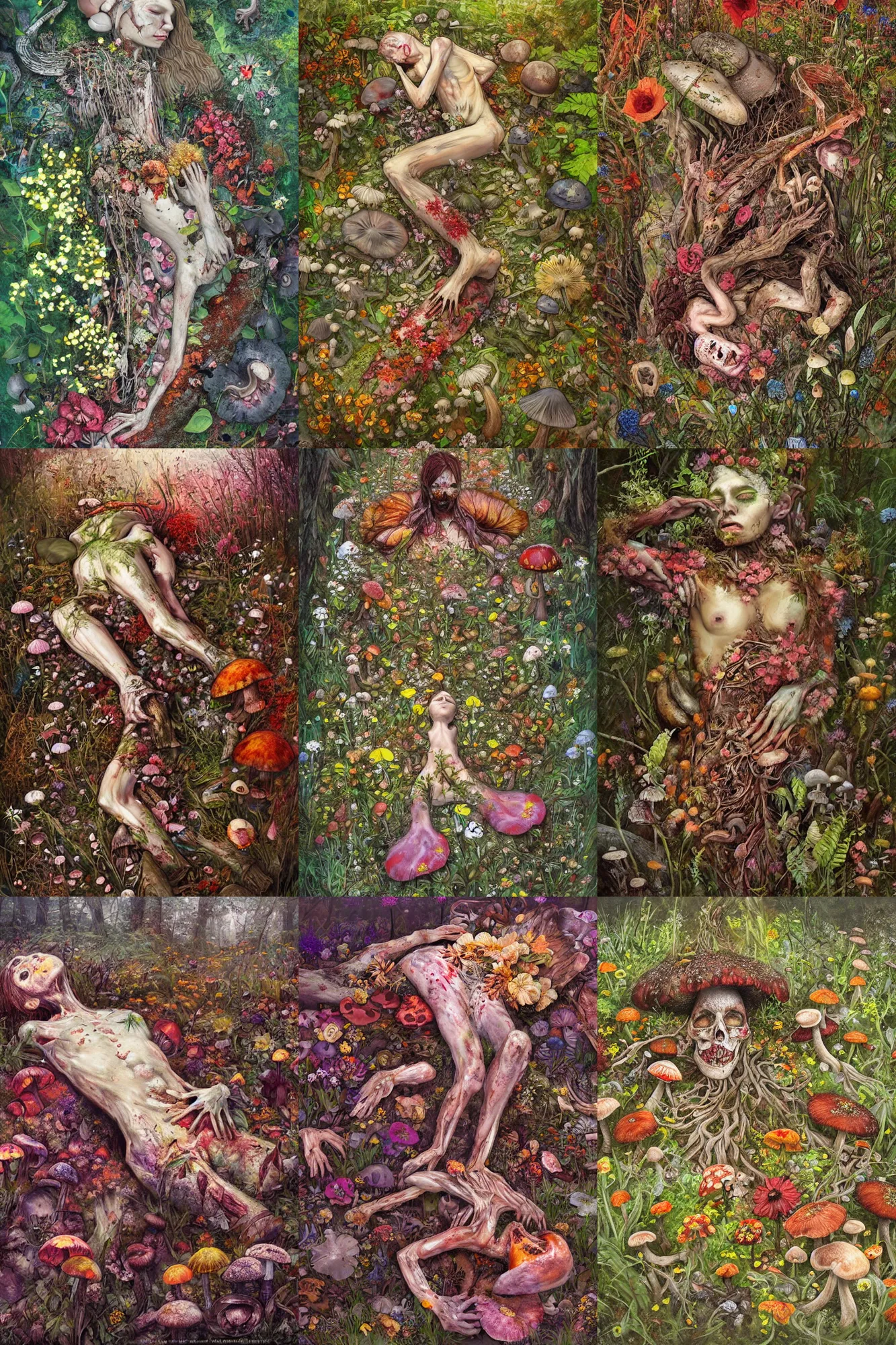 Prompt: dead body decaying on the forest floor, flowers and mushrooms cover the body, flowers grow from the body, mushrooms grow from the body, concept art, painting, aleksander rostov, beautiful, intricate, detailed, flowers!!!!, nature, warm color palette