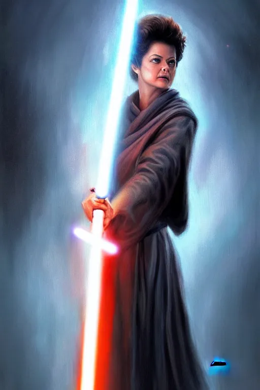 Image similar to breathtaking detailed concept art painting of a jedi dilma rousseff holding a lightsaber, by hsiao - ron cheng, exquisite detail, extremely moody lighting, 8 k