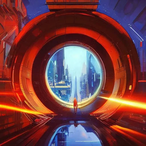 Image similar to circular derelict portal in a middle of a futuristic cityscape, world seen only through a portal, daylight, cinematic perspective, cinematic lighting, blue sky, syd mead, john harris