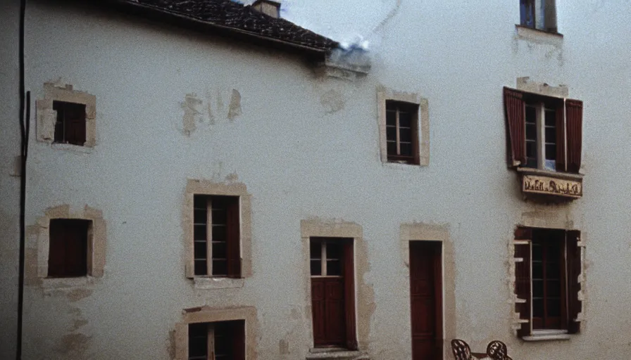 Image similar to 1 9 7 0 s movie still of a burning french style townhouse in a small french village, cinestill 8 0 0 t 3 5 mm, high quality, heavy grain, high detail, texture, dramatic light, ultra wide lens, panoramic anamorphic, hyperrealistic