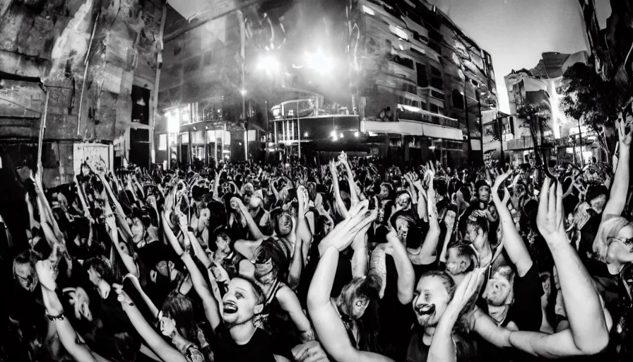 Prompt: a rave, dance dance party at old inner city sydney city, australia. black and white photography. dark energy 8 k