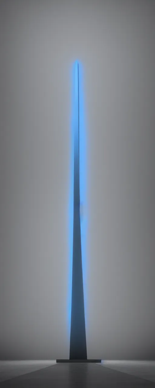 Prompt: Art gallery filled with fog and in the middle of the room stands an obelisk with blue light emitting from it. Octane Render, Unreal engine, Realism, Detailed, 8k, V-Ray